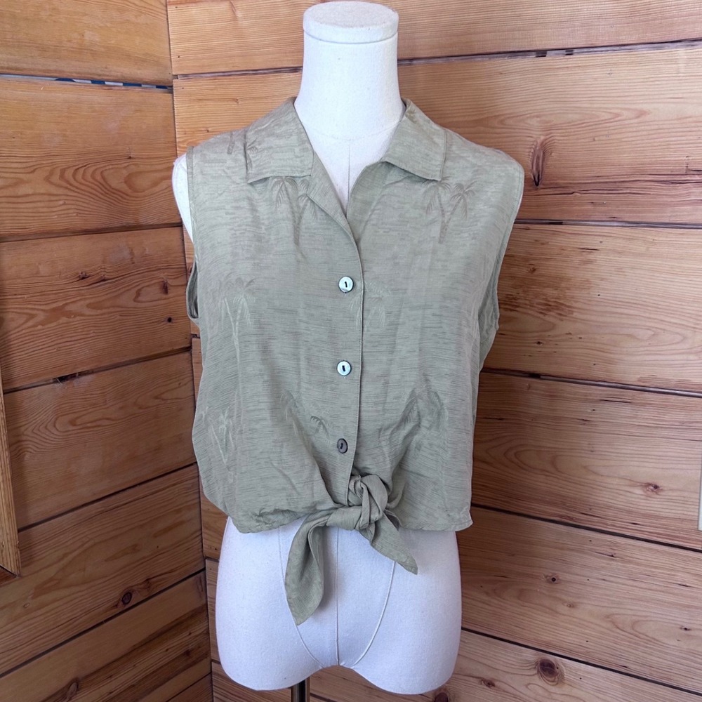 Vintage Silk Hawaiian Shirt Womens Medium Green Palm Tree Tiki Classics